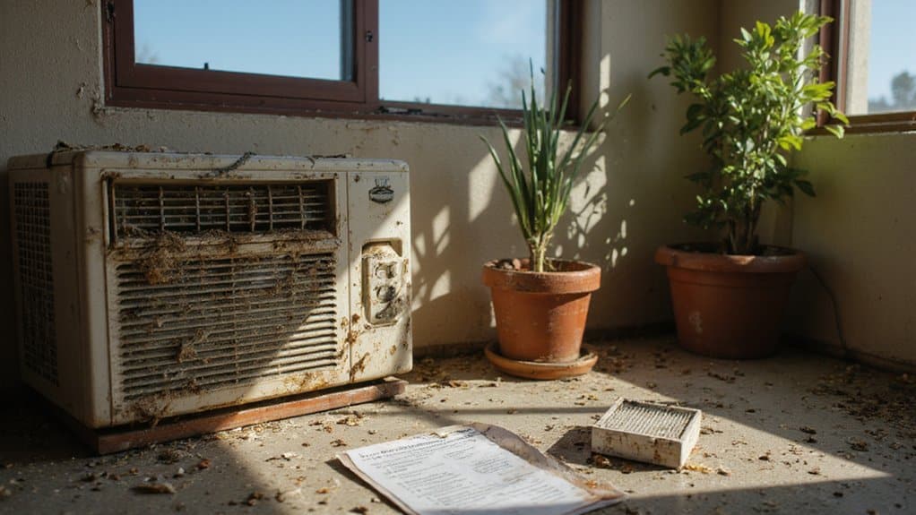 Air conditioner unit showing signs of poor maintenance during summer