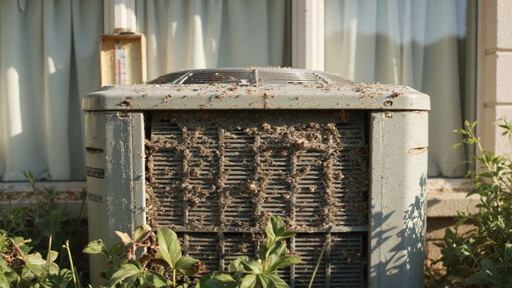 Outdoor air conditioner condenser blocked by leaves and debris