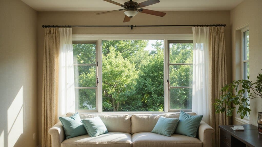Ceiling fan circulating air in a living room with windows open for natural ventilation