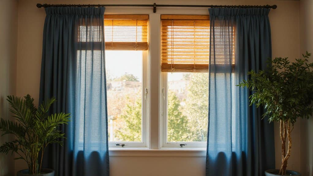 Blackout curtains blocking sunlight to reduce heat entering a living room