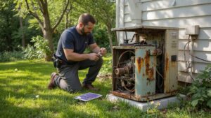 Homeowner deciding whether to repair or replace an old air conditioner in Duncan BC