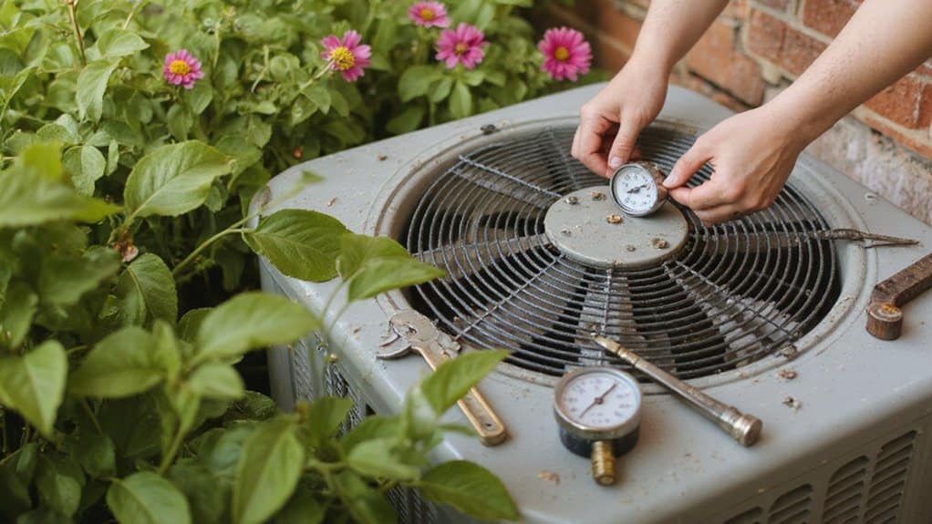 Close-up of air conditioner refrigerant lines being inspected for leaks and insulation damage