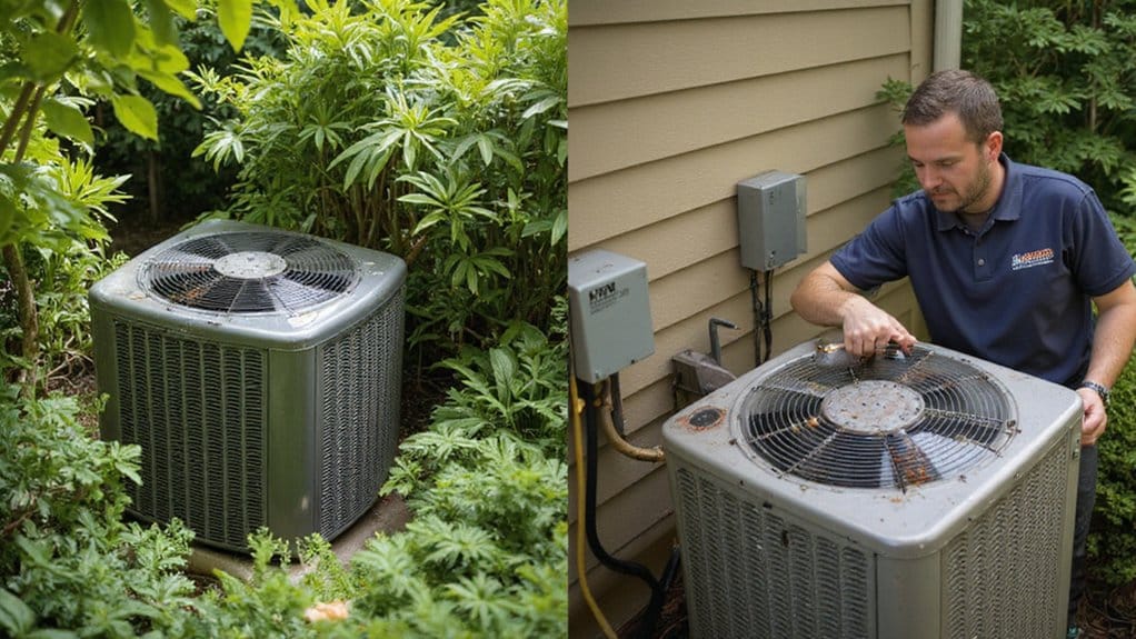 Technician performing routine maintenance on a heat pump and air conditioning system