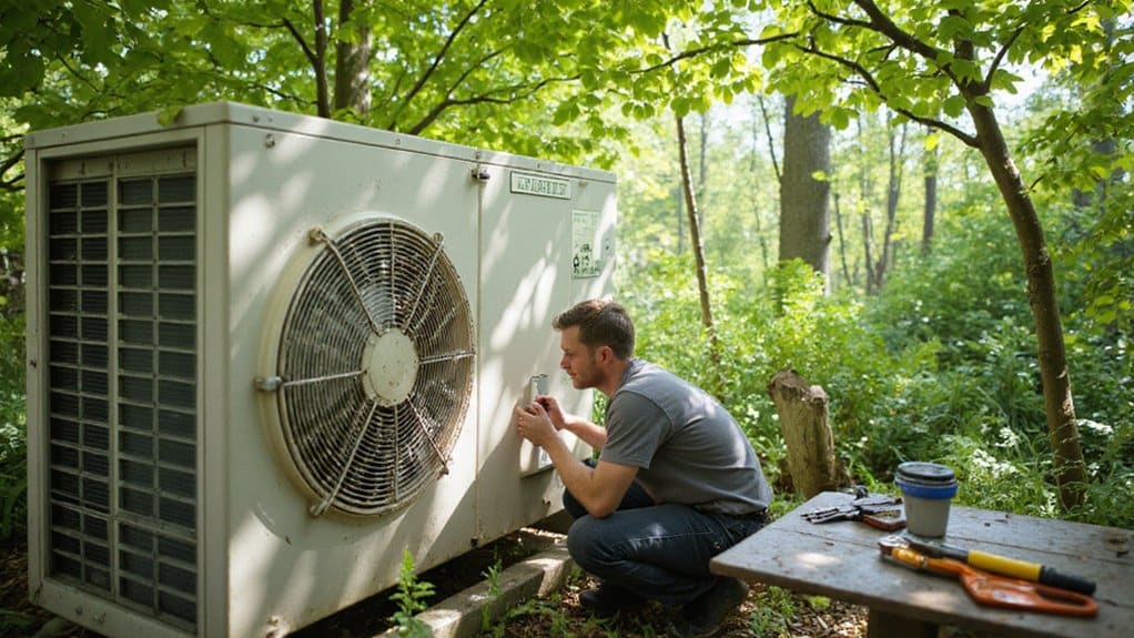HVAC technician performing a professional air conditioner inspection before summer