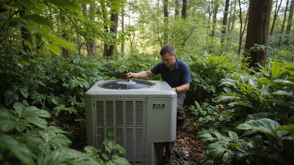Outdoor air conditioning unit being cleaned during seasonal maintenance