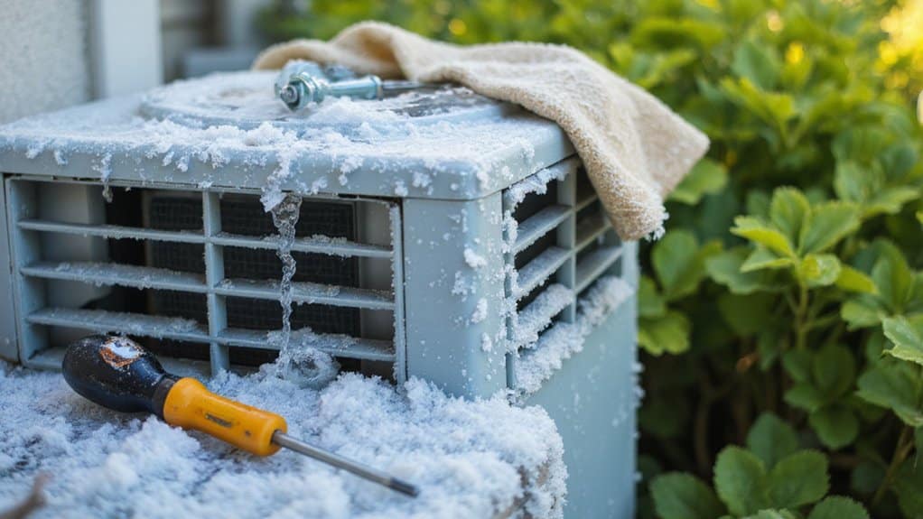 Visible ice buildup on air conditioner coils showing a frozen AC system