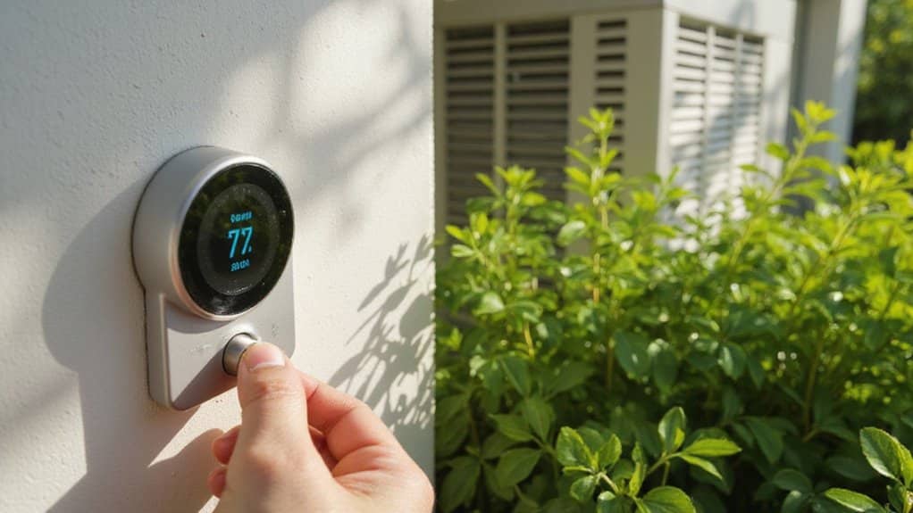 Digital home thermostat being adjusted for summer air conditioning settings