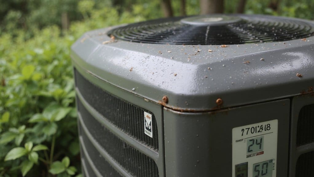 Homeowner checking thermostat and air conditioner settings in a humid environment